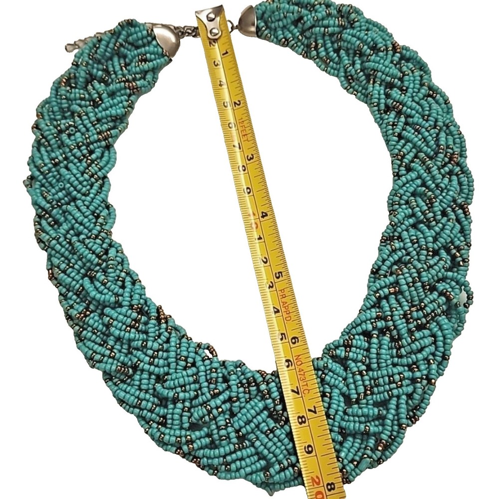 Turquoise Braided Seed Bead Bib Necklace Women OS Teal Multi-Strand 16"X1.5" - Picture 5 of 9